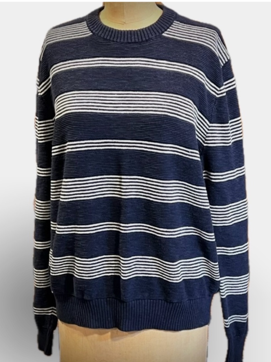 Lands End Nautical Maritime Sweater Cotton Linen Blend Navy Blue White Stripes